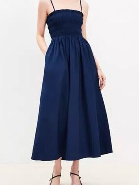 LOFT Navy Blue Poplin Cotton Smocked Preppy Midi Summer Dress XXSP